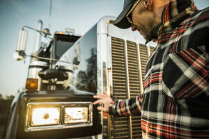 A truck driver standing against his semi