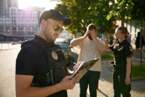 police filling out paperwork with man out of his car on the sidewalk